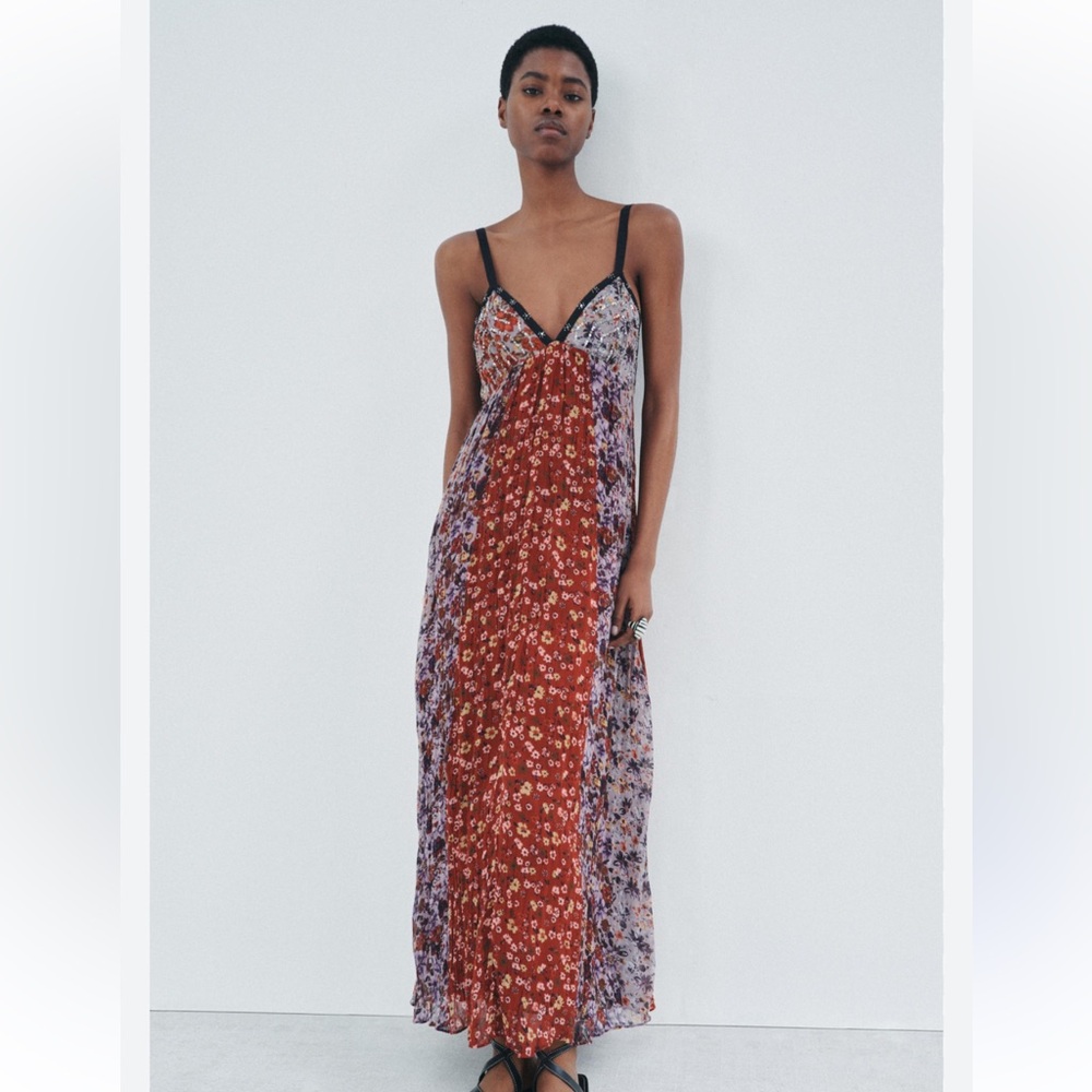 Zara Maxi Floral Print Embellishment Dress ZW Collection Sz M